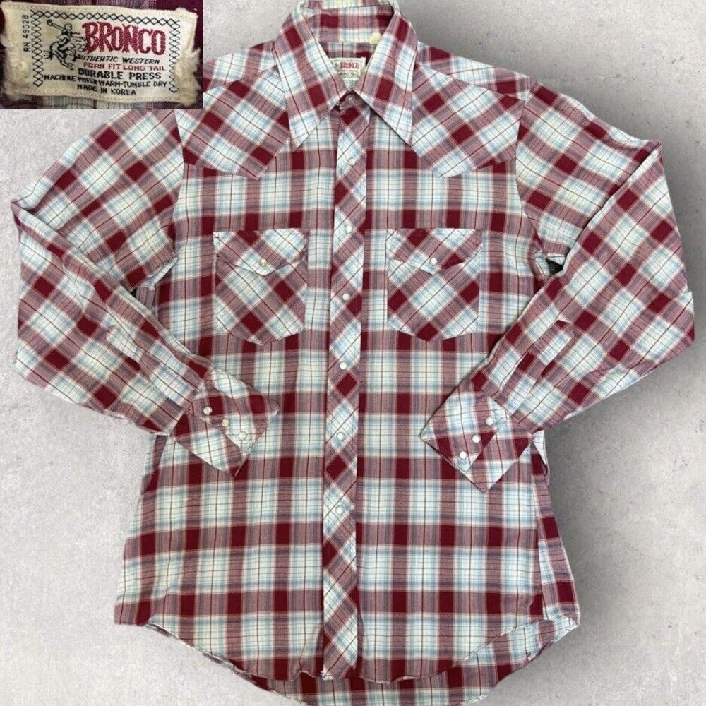 Vtg‎ 70s Bronco Western Mens Fits Medium Red Plaid Pearl Snap